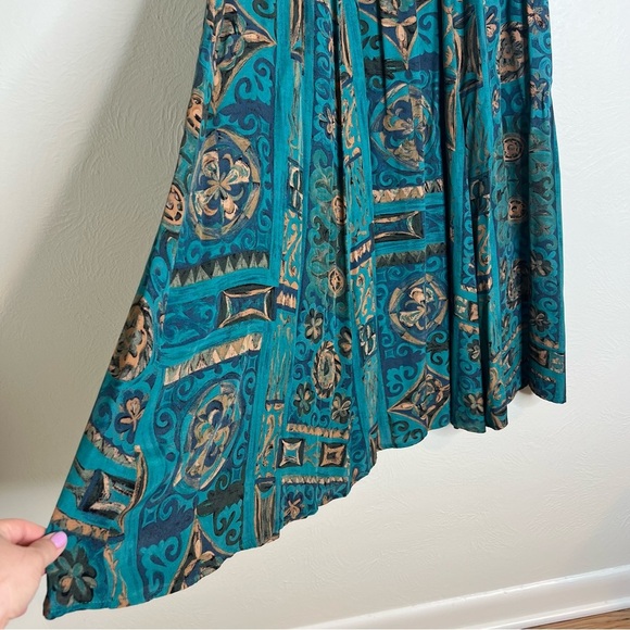 Vintage Karen Kane Rayon Abstract Print Maxi Skirt Teal Button Front Size 12 - Picture 9 of 16